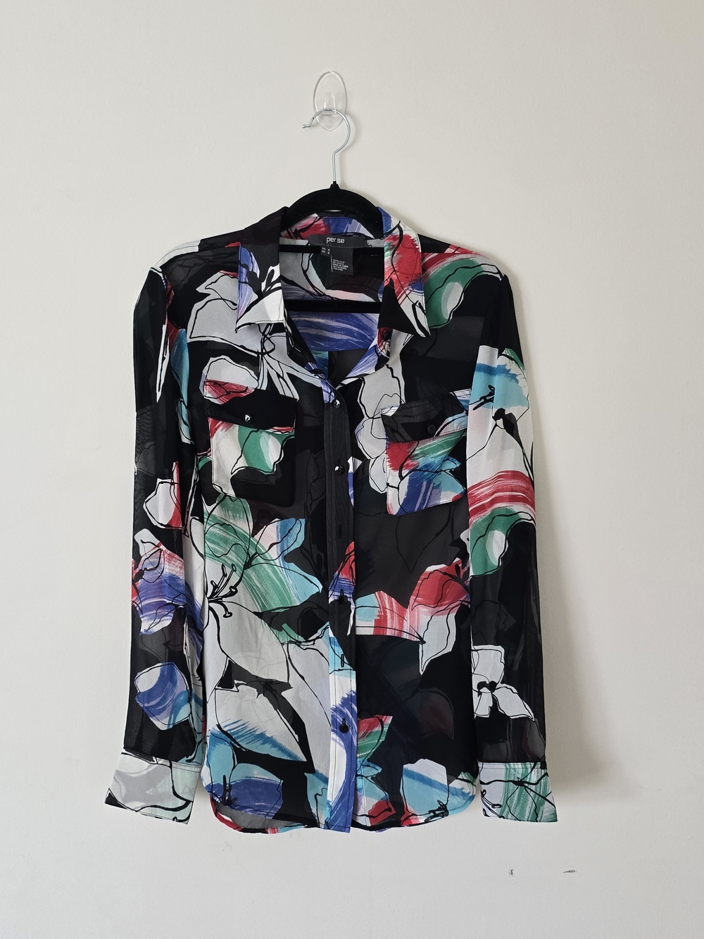100% Silk Per Se Black Floral Lightweight Button-Up Shirt Women's Blouse Size 4